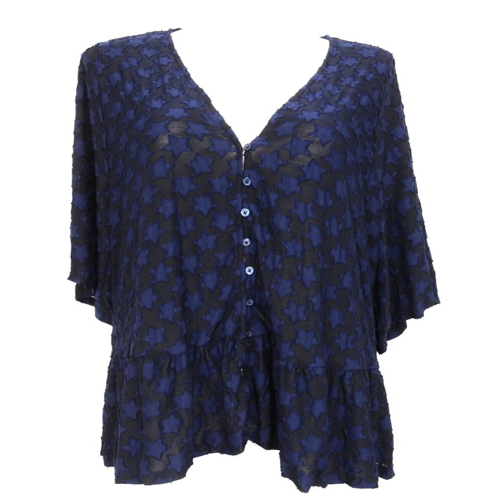 Lane Bryant PLUS Size 22/24 Blue Stars Flutter Sleeve Babydoll Flouncy Blouse